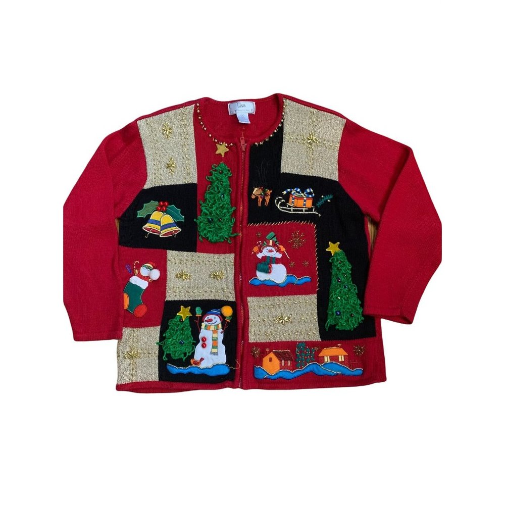 Ugly Christmas Holiday Party Sweater Color Block Snowman Trees Jingles Sz Medium - Picture 2 of 11